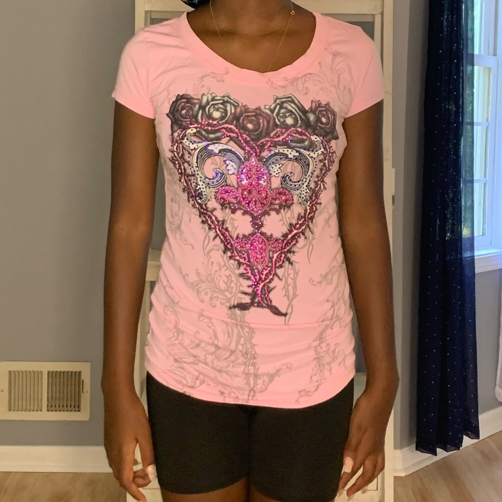 Bedazzled Heart Rose Design Y2K Baby Tee Top